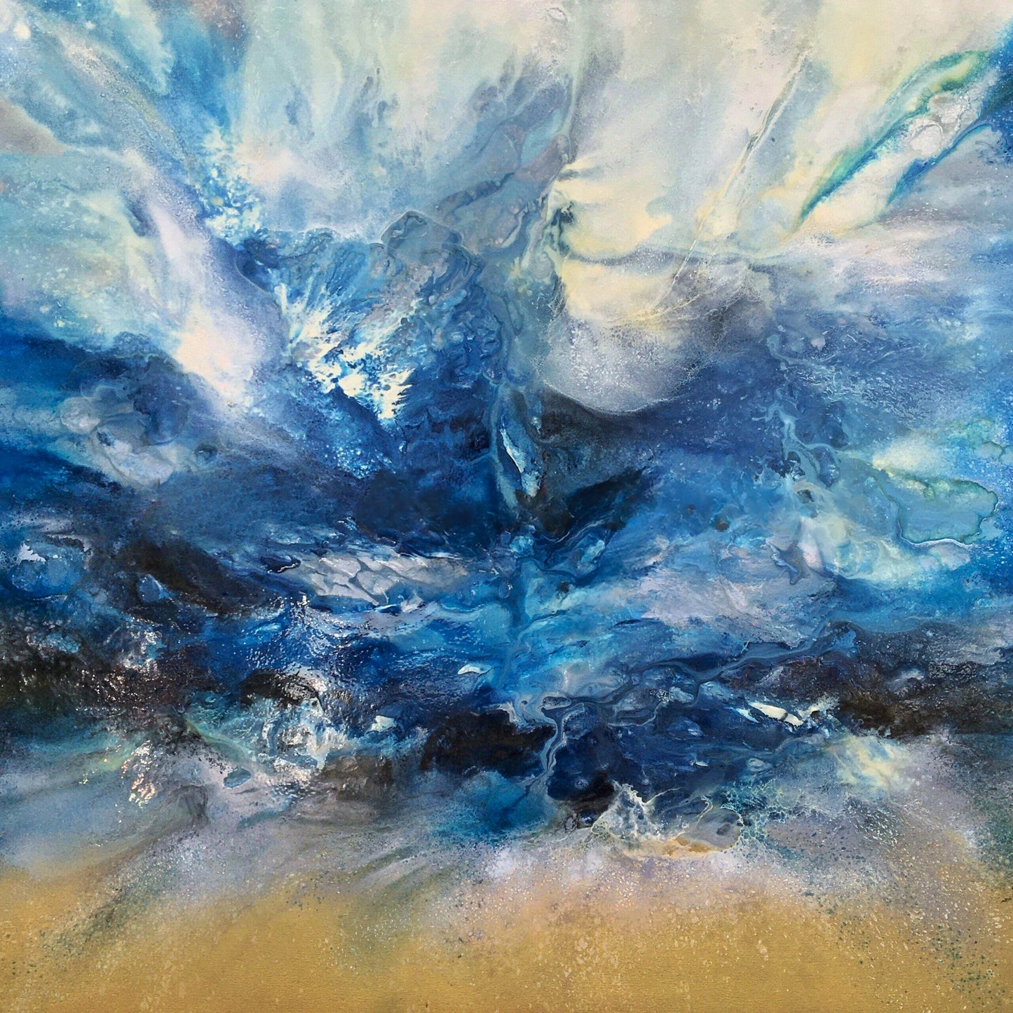 Mixed media painting of a tranquil sea meeting sky in soft blues and creams, with subtle texture suggesting gentle swell.