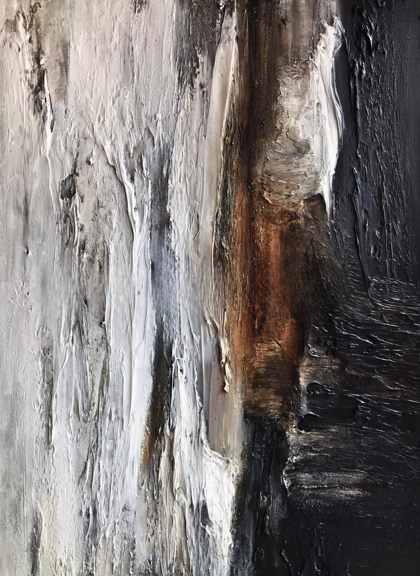 Vertical mixed media painting with layered grey, white, and rust tones, resembling geological strata or weathered stone.