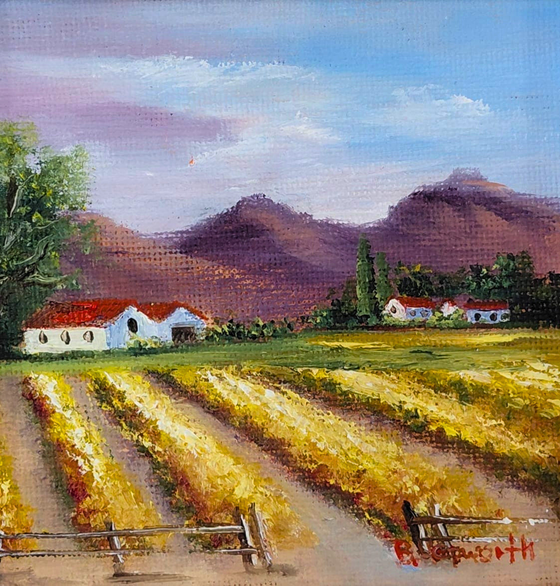 Oil painting of vineyards stretching toward mountains under a lavender sky, with white farmhouses in the valley.