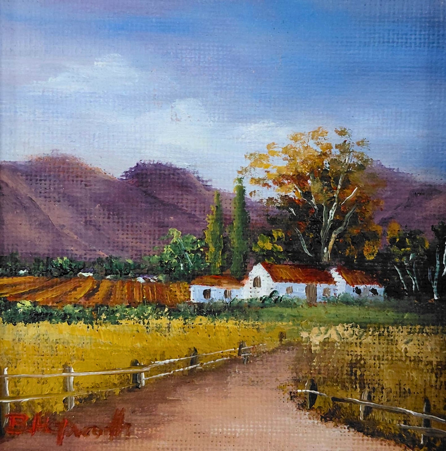 Oil painting of a winding dirt path through vineyards with mountains and farmhouses under a soft sky.
