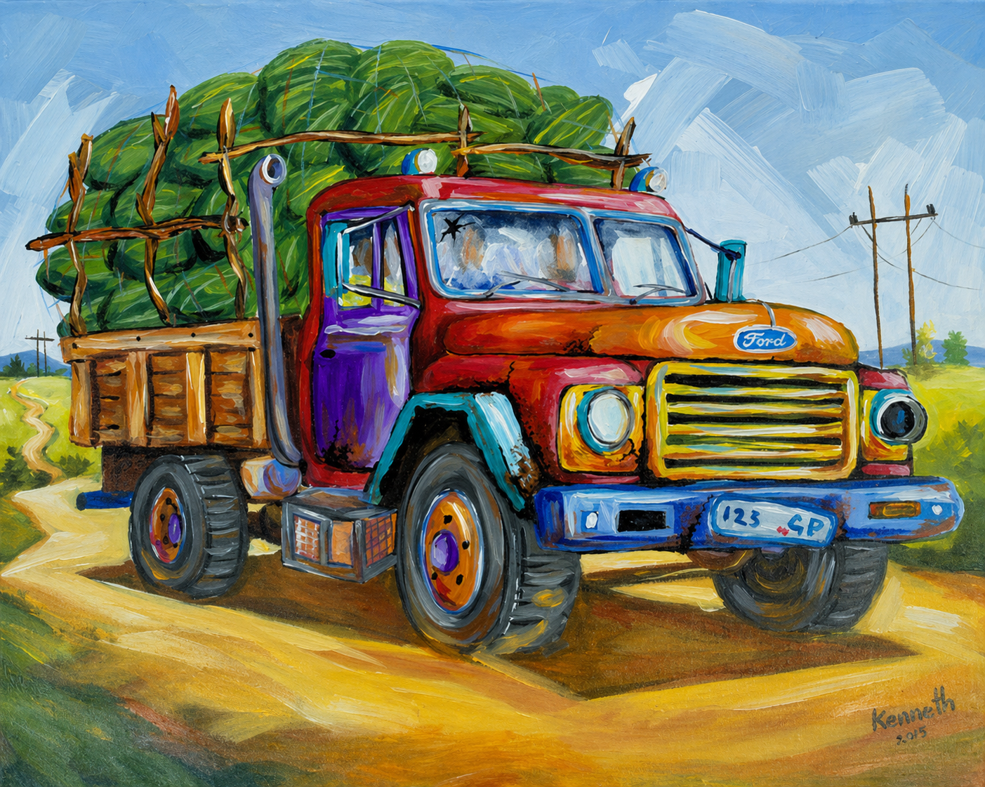 Colourful artwork of a vintage Ford truck loaded with cargo on a countryside road.