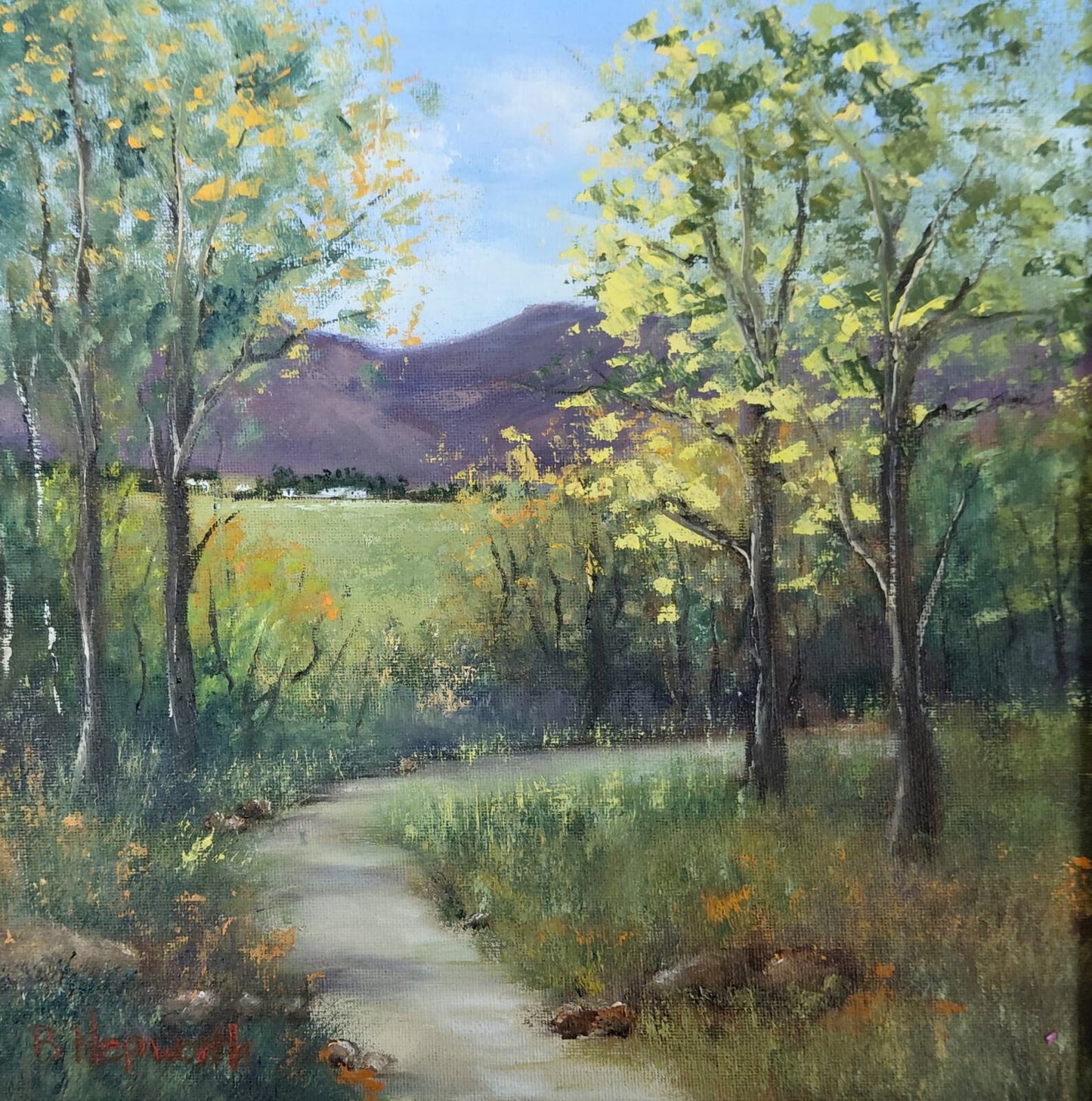 Oil painting of a winding path through trees with golden and green leaves, leading toward distant hills under a blue sky.