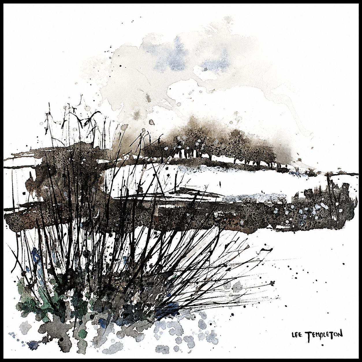 Lee Templeton original landscape artwork depicting a wetland scene with reeds, distant trees and expressive monochrome detail.