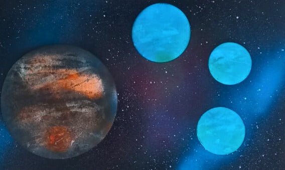 Artistic depiction of a planet with orange and brown markings alongside three blue planets against a starry space background.