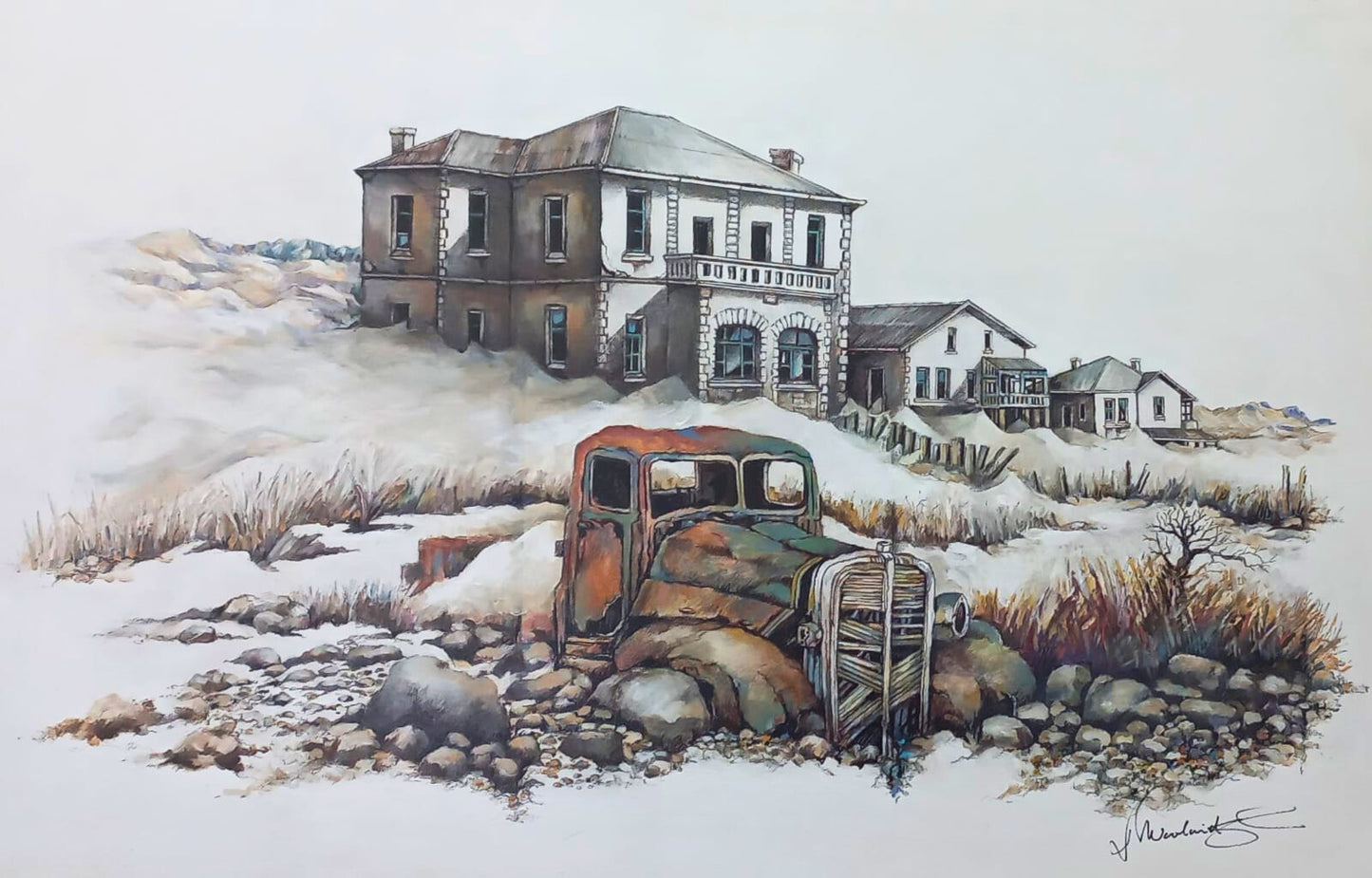 Acrylic painting of an abandoned two-story house on a sandy hill with a rusted vintage truck in front, surrounded by dry grass and rocks.