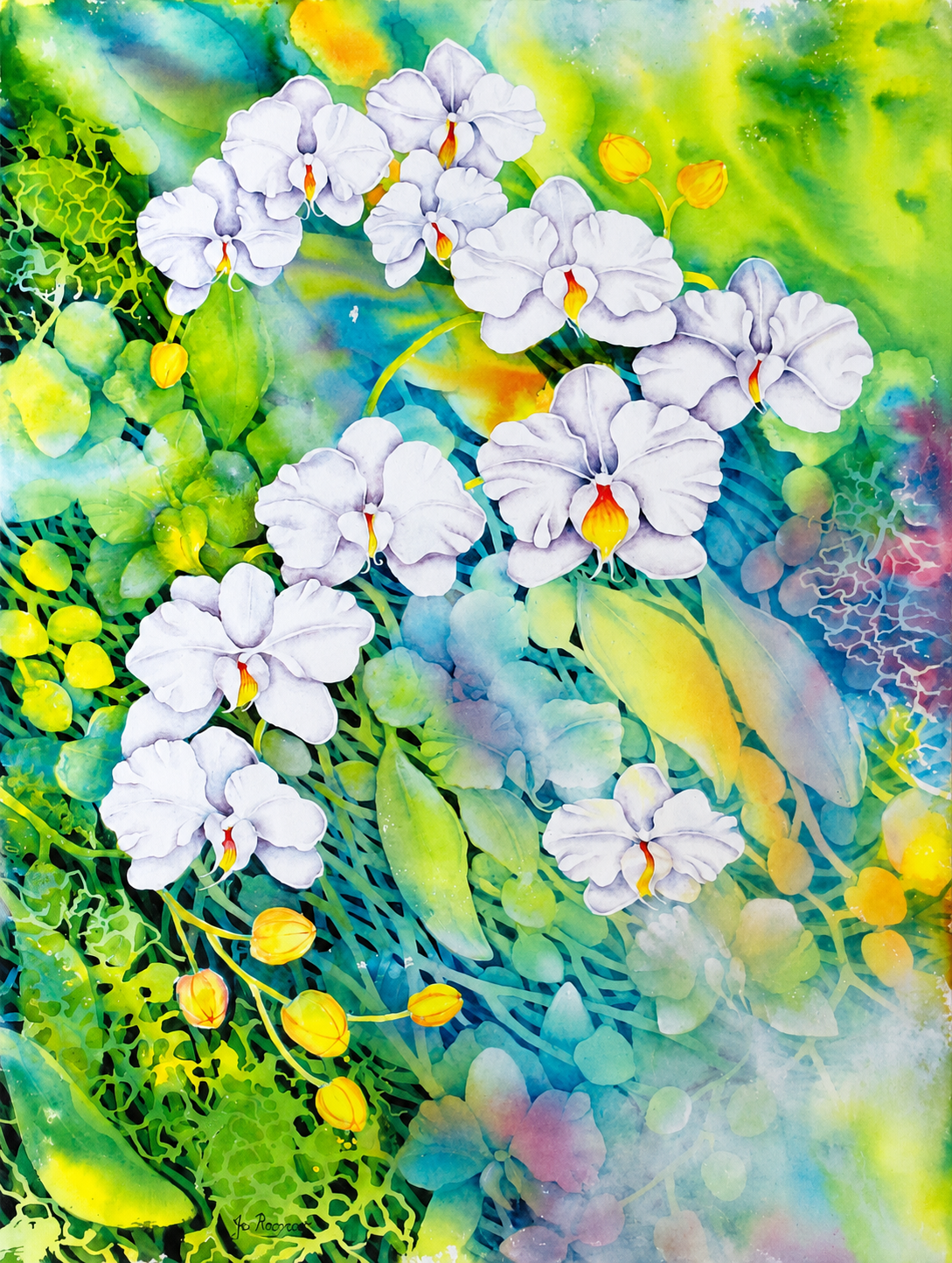 Jo Barnard acrylic artwork on stretched canvas depicting white orchids with lush green foliage and yellow buds in a vibrant botanical composition