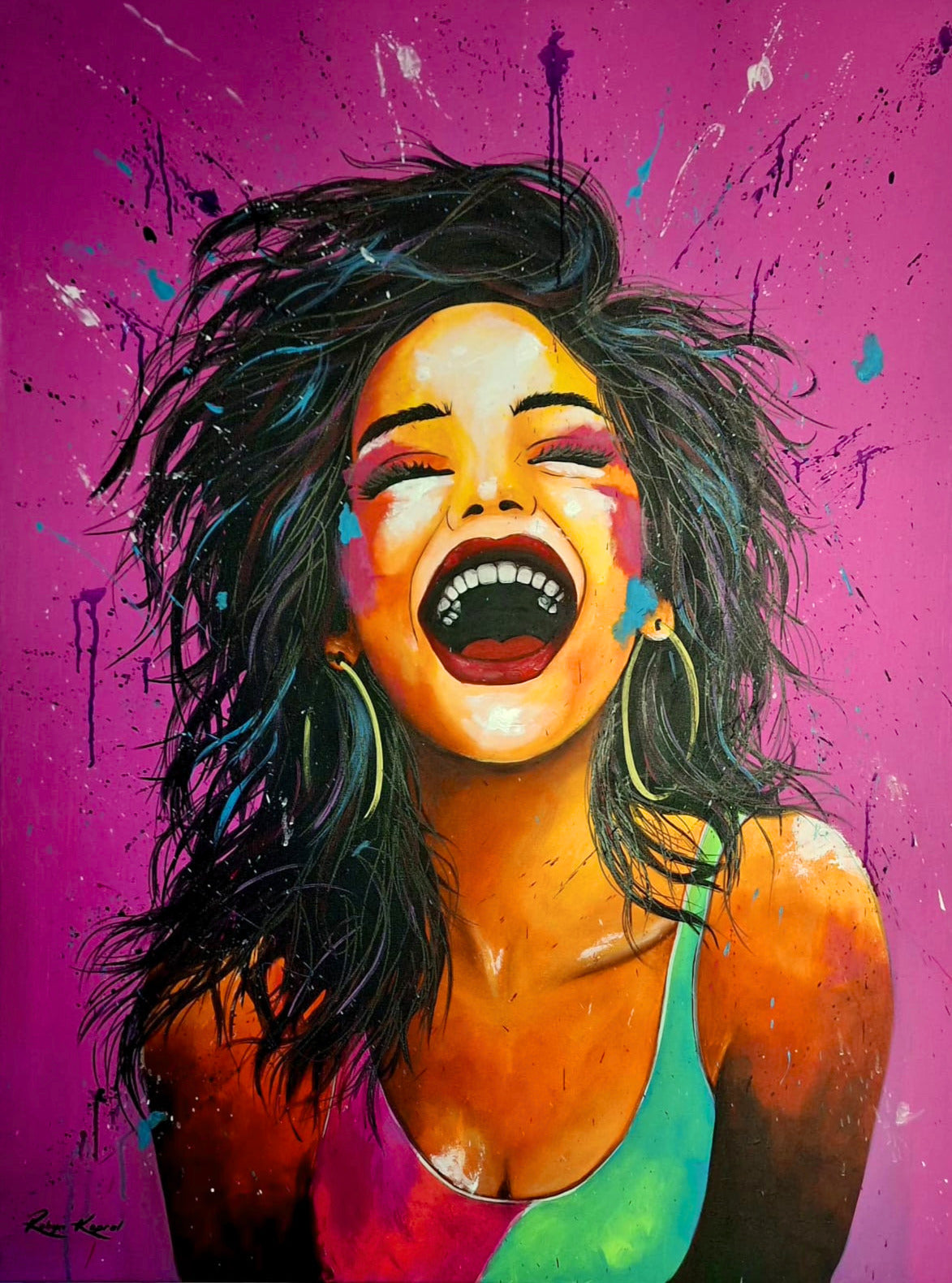 Acrylic painting of a woman laughing with head tilted back, against a magenta background with dynamic splatters of blue and white.