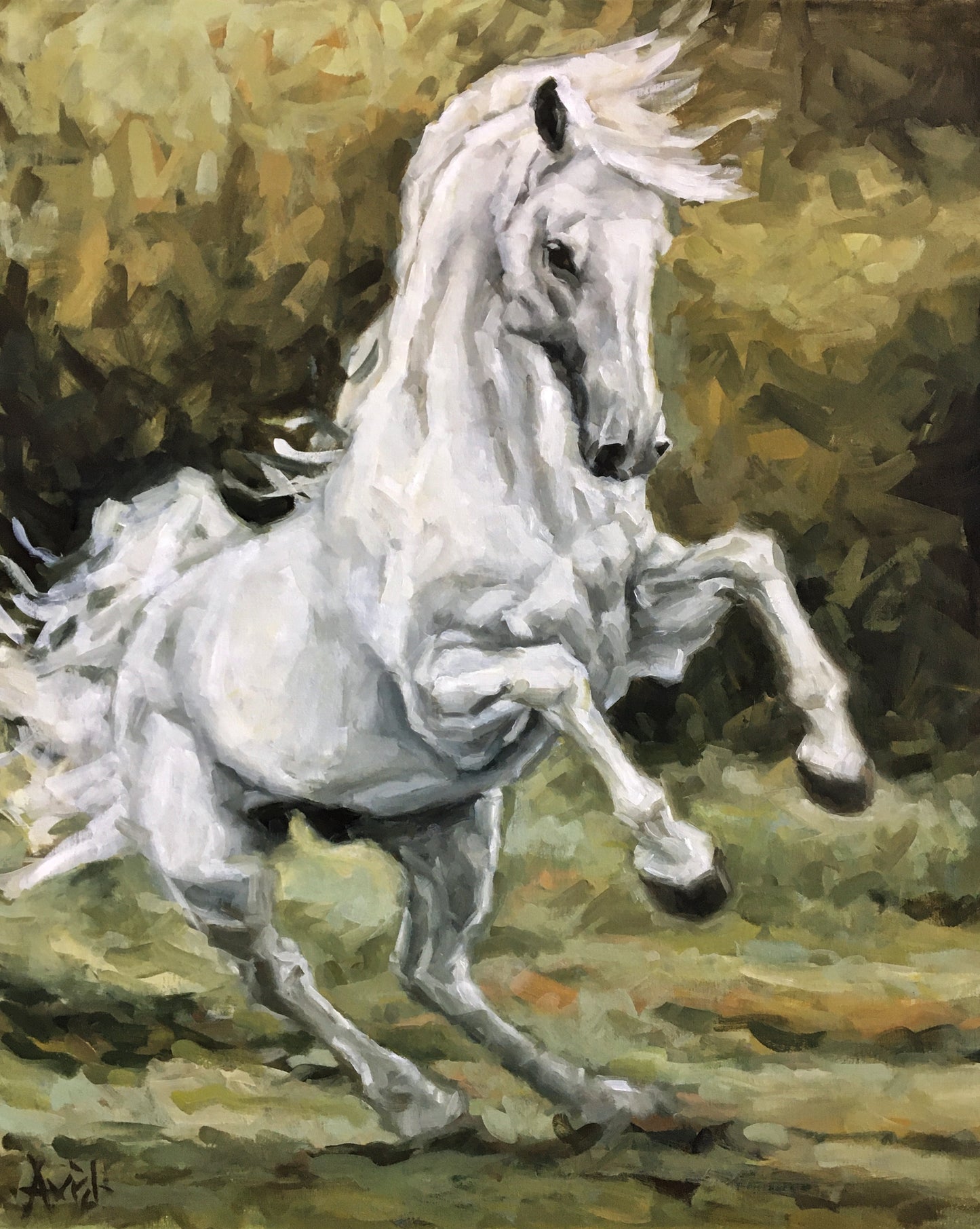 Oil painting of a white horse galloping through a green forest, mane flowing, captured in dynamic, expressive brushstrokes.