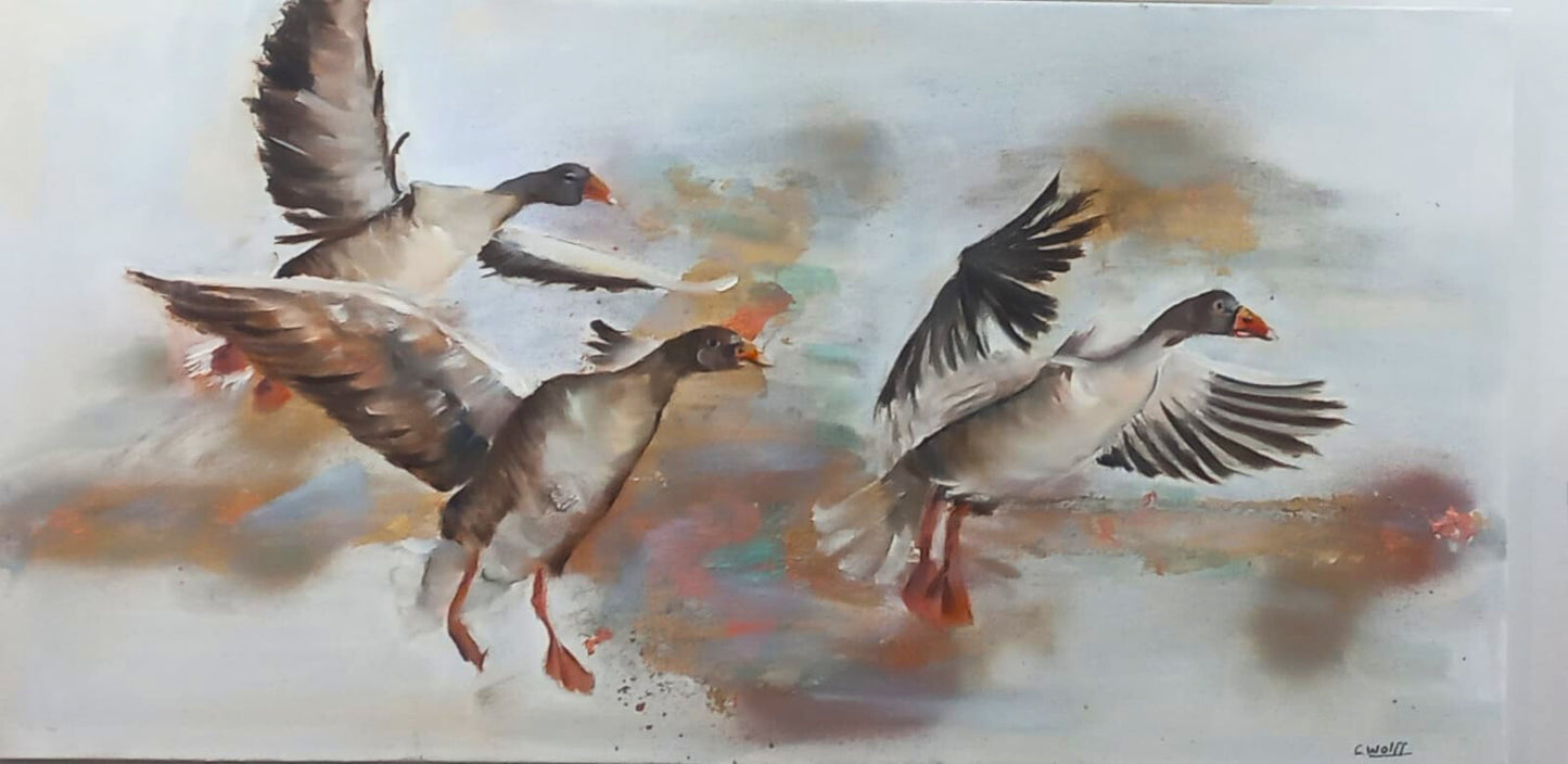 Oil painting of three geese in mid-flight, wings spread wide, painted with energetic brushstrokes against a misty sky and earthy ground.