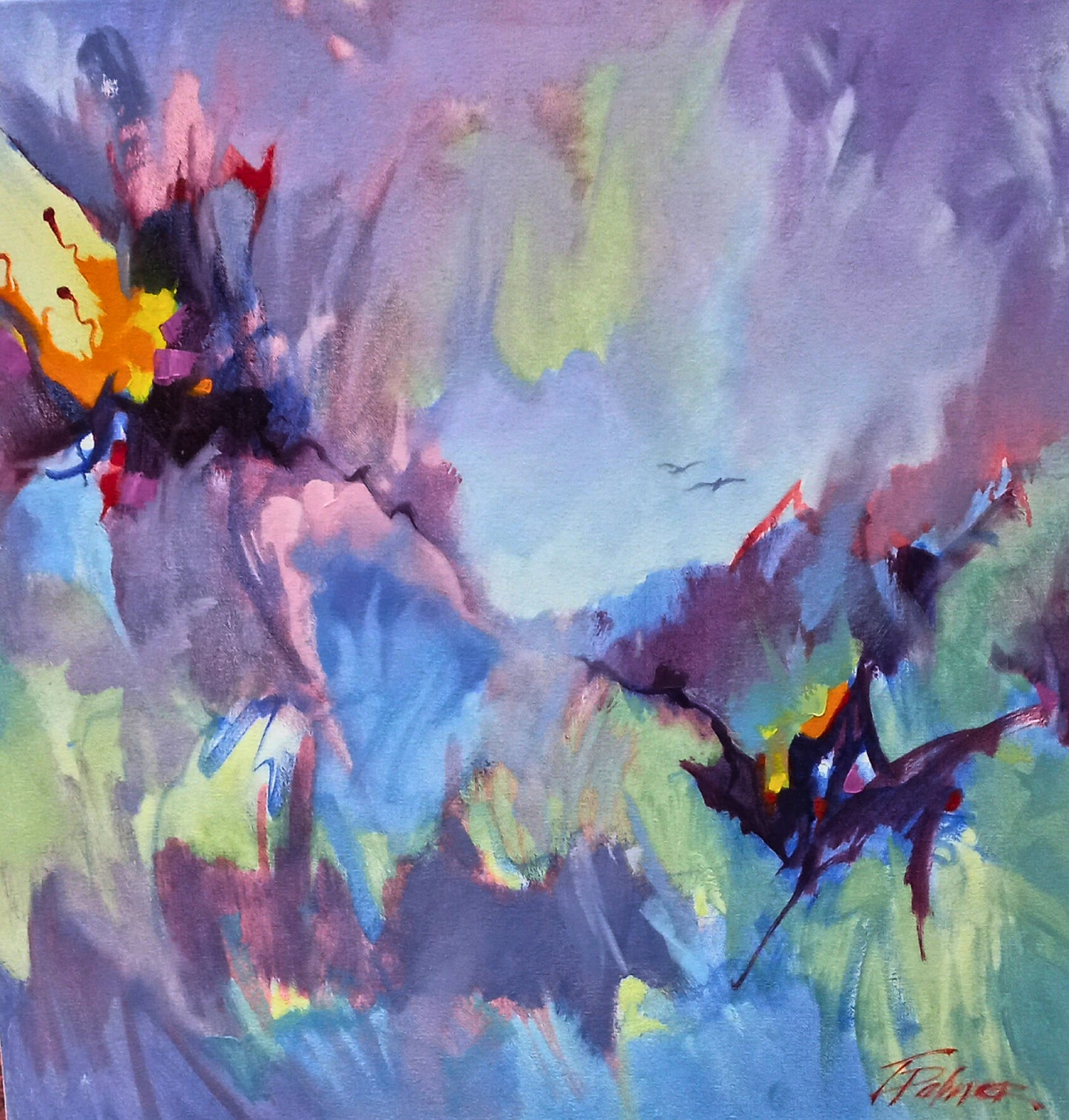 Mixed media abstract with two dark bird-like forms soaring through a vibrant sky of purple, blue, and green, with tiny distant birds above.