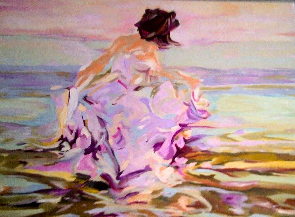 Dreamy impressionist painting by Aimee Grautier of a woman in a flowing lavender dress sitting on a beach at sunset — ideal for coastal decor, bedroom wall art, or feminine home accents