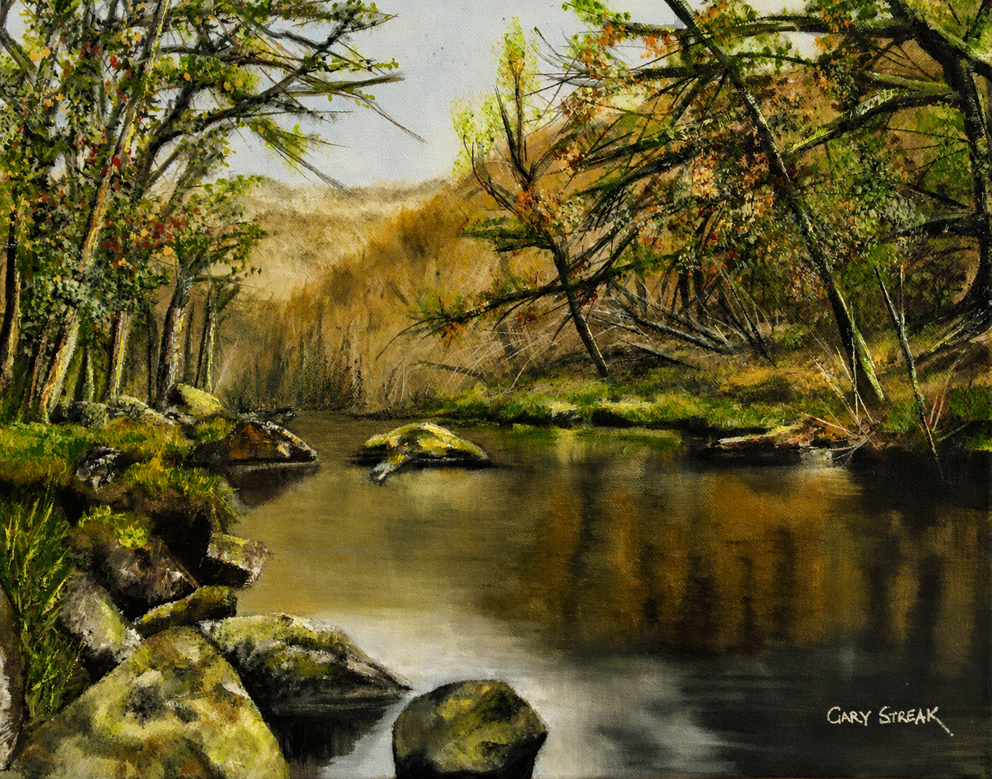 Gary Streak original oil artwork featuring a tranquil river landscape with trees, rocks and soft reflections in earthy natural tones.