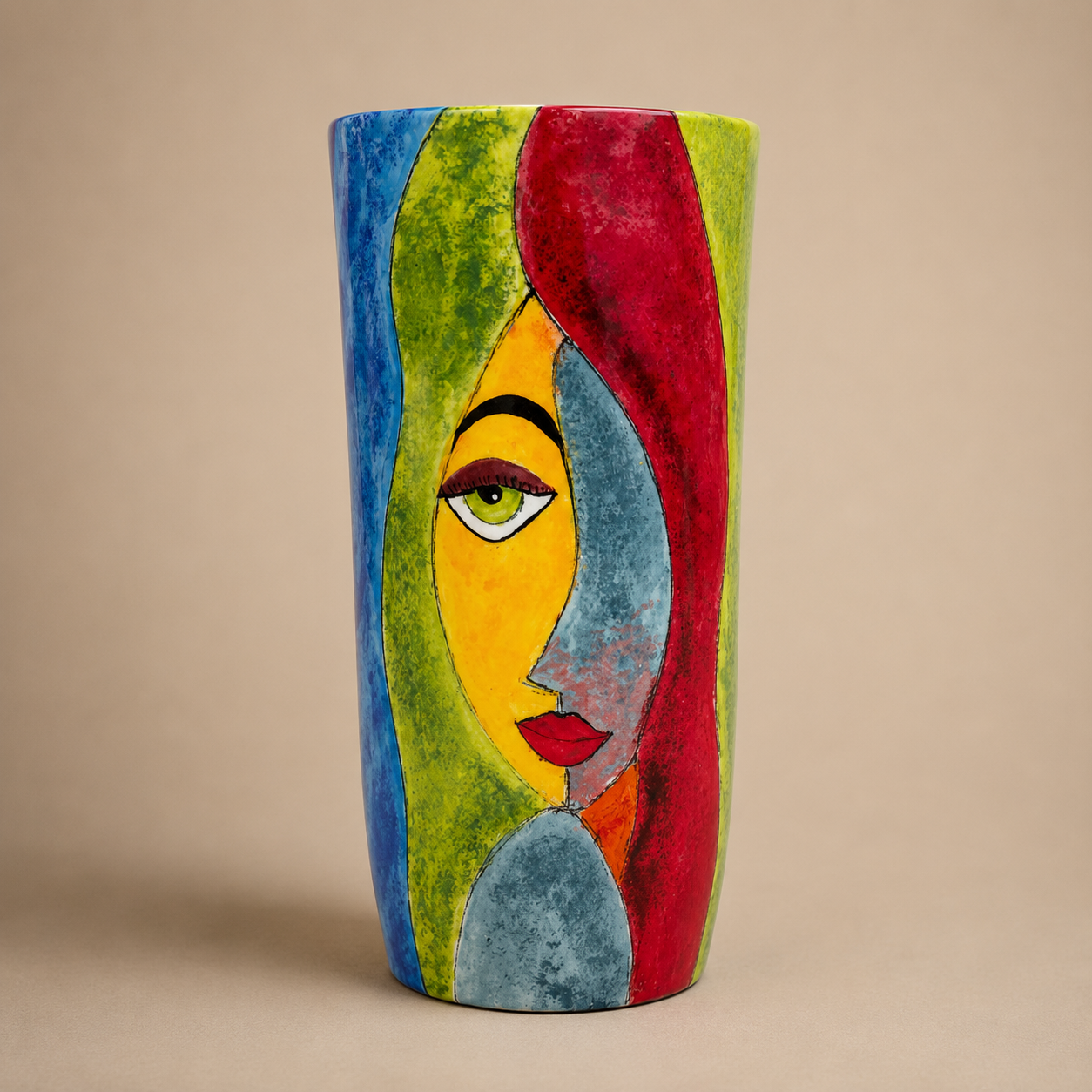 Handcrafted Colourful Abstract Face Tall Ceramic Vase photographed on a warm beige studio background
