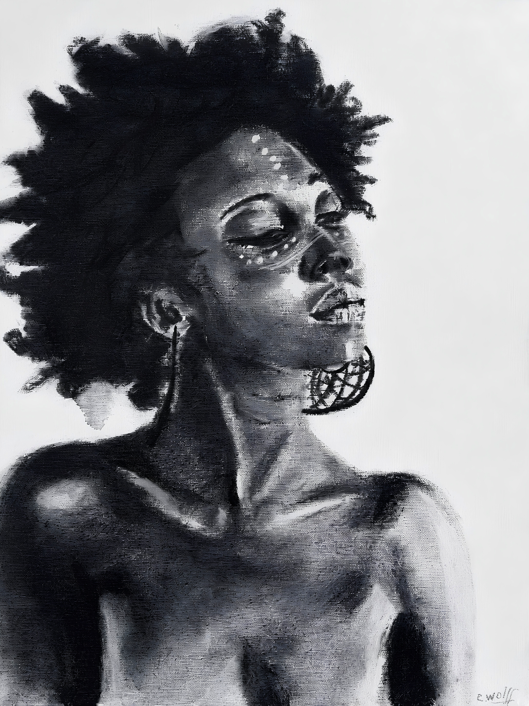 Cornelie Wolff oil artwork on stretched canvas depicting a monochrome African woman with natural hair, decorative face markings and a statement earring