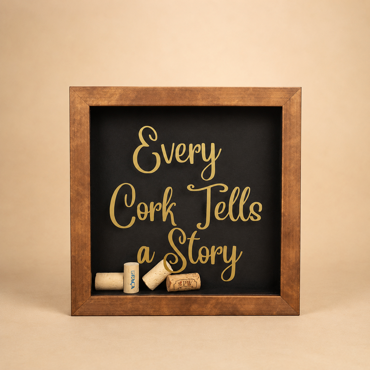 Every Cork Tells a Story Framed Sign – Black photographed on a warm beige studio background