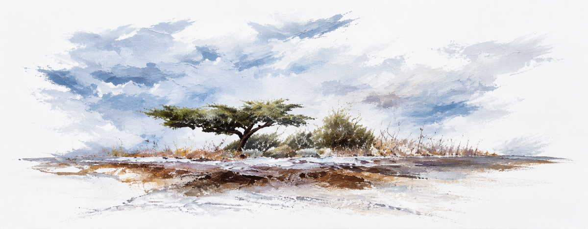 Ewaldi artwork: A flat-topped acacia stands slightly left of centre in a narrow sweep of dry savanna grass.