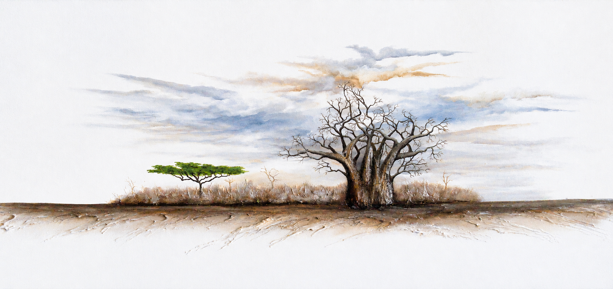 Ewaldi artwork: A leafless baobab rises near the centre-right of an expansive open savanna.