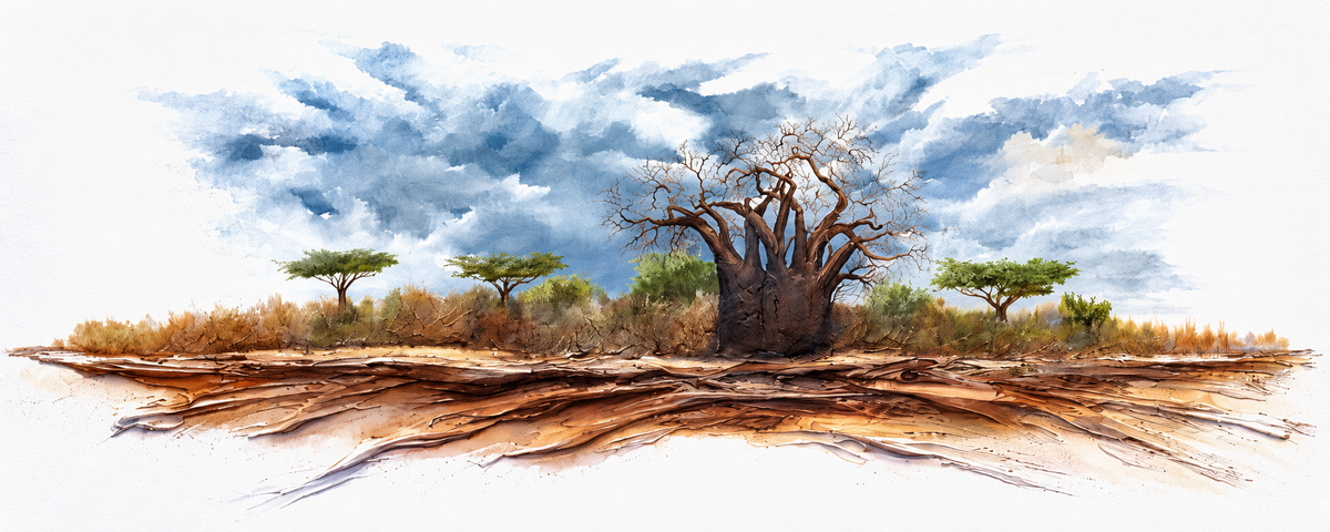 Ewaldi artwork: A branching baobab stands on an ochre-toned raised island of earth.