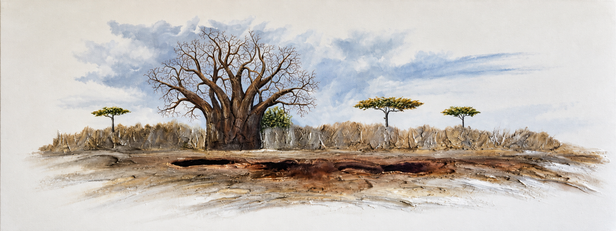 Ewaldi artwork: A large leafless baobab rises beside smaller green acacia trees across an elongated stony savanna ridge.