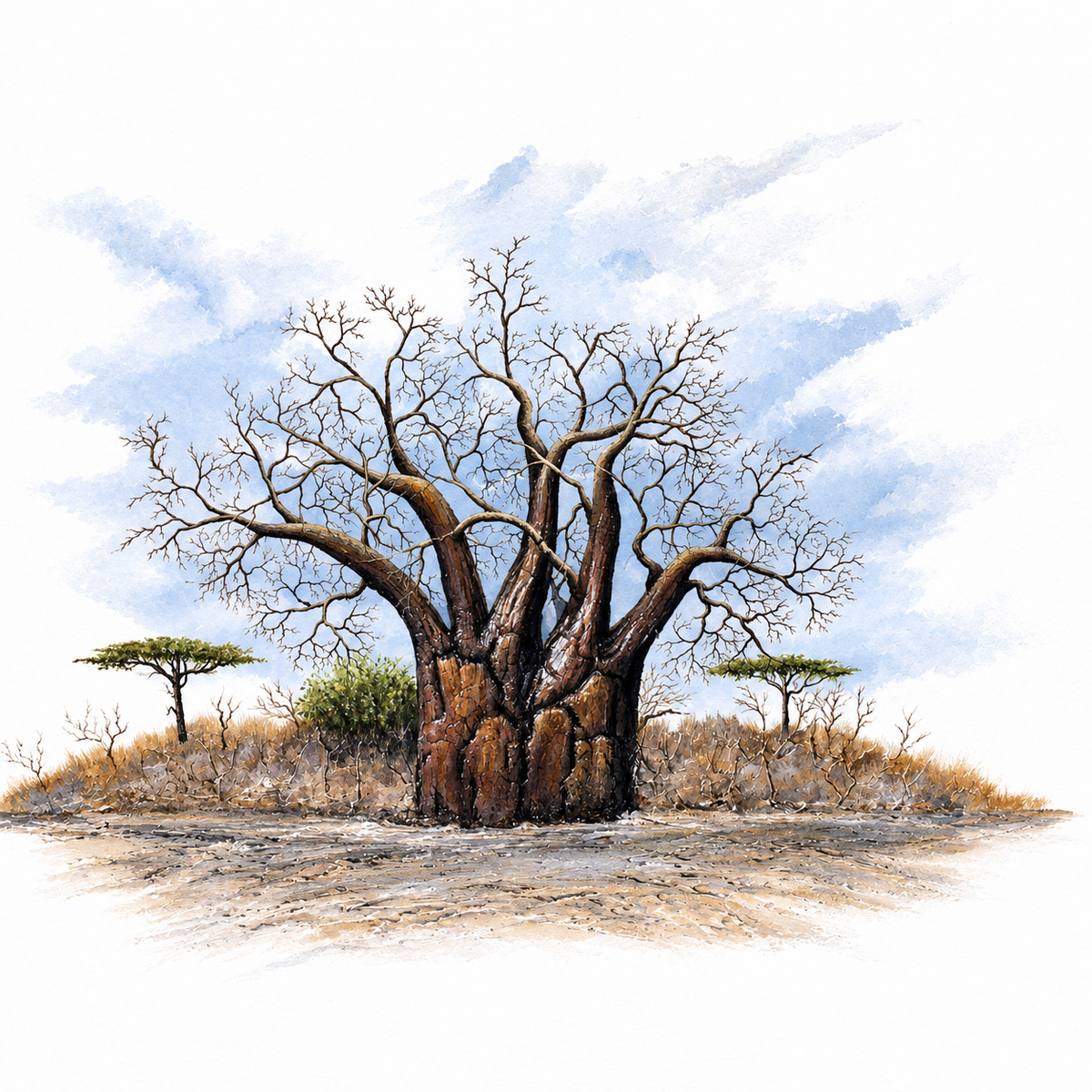 Ewaldi artwork: A stout cluster of bare baobab trunks rises from dry grass.