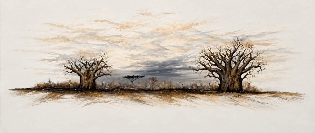 Ewaldi artwork: Two separate leafless baobabs stand at opposite ends of a narrow, dusty horizon under a hazy blue-grey sky.