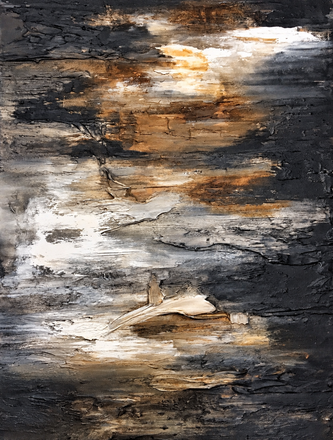 Ewaldi artwork: Rough horizontal strata of black, white, grey and glowing warm-gold texture form a layered.