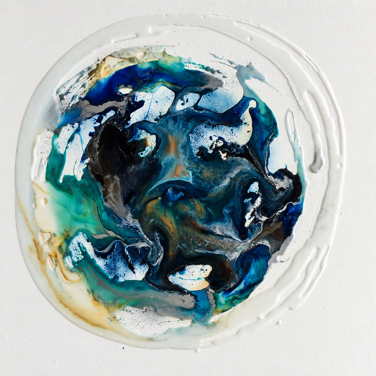 Ewaldi artwork: Teal, ultramarine and black pockets swirl inside a translucent white circular edge with small warm yellow.
