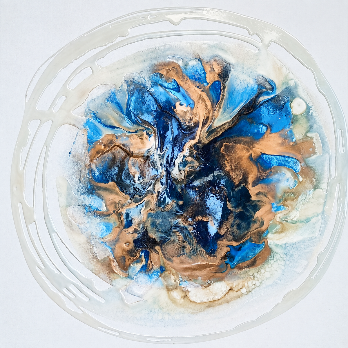 Ewaldi artwork: A circular fluid composition of deep blue ribbons and copper swirls enclosed by translucent white-grey rings.