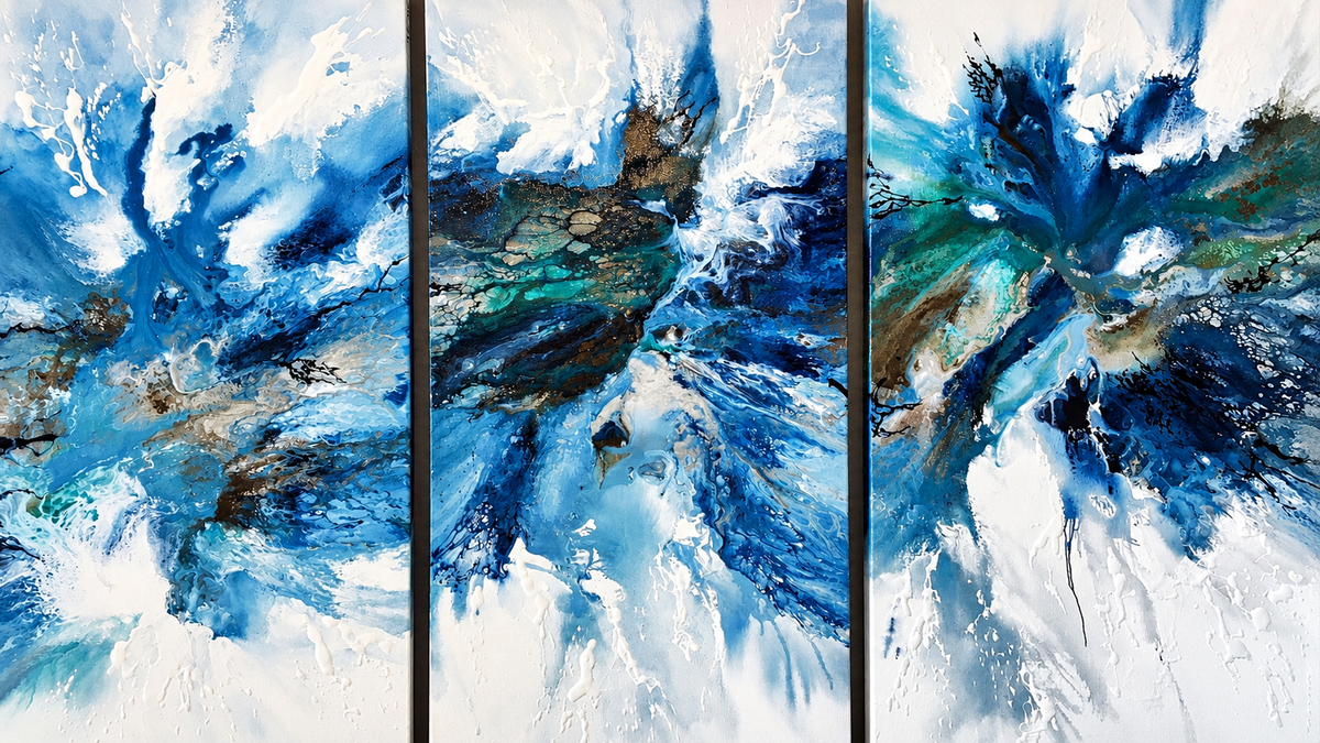 Ewaldi artwork: Three tall adjoining panels carry an energetic blue-and-white splash with darker central swirls and soft.