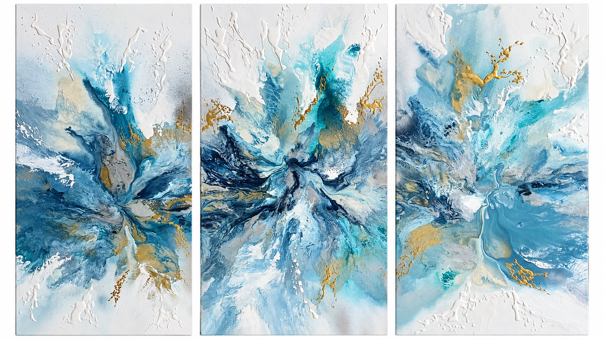 Ewaldi artwork: Three adjacent upright panels carry bursting pale-blue and deep-teal fluid forms.