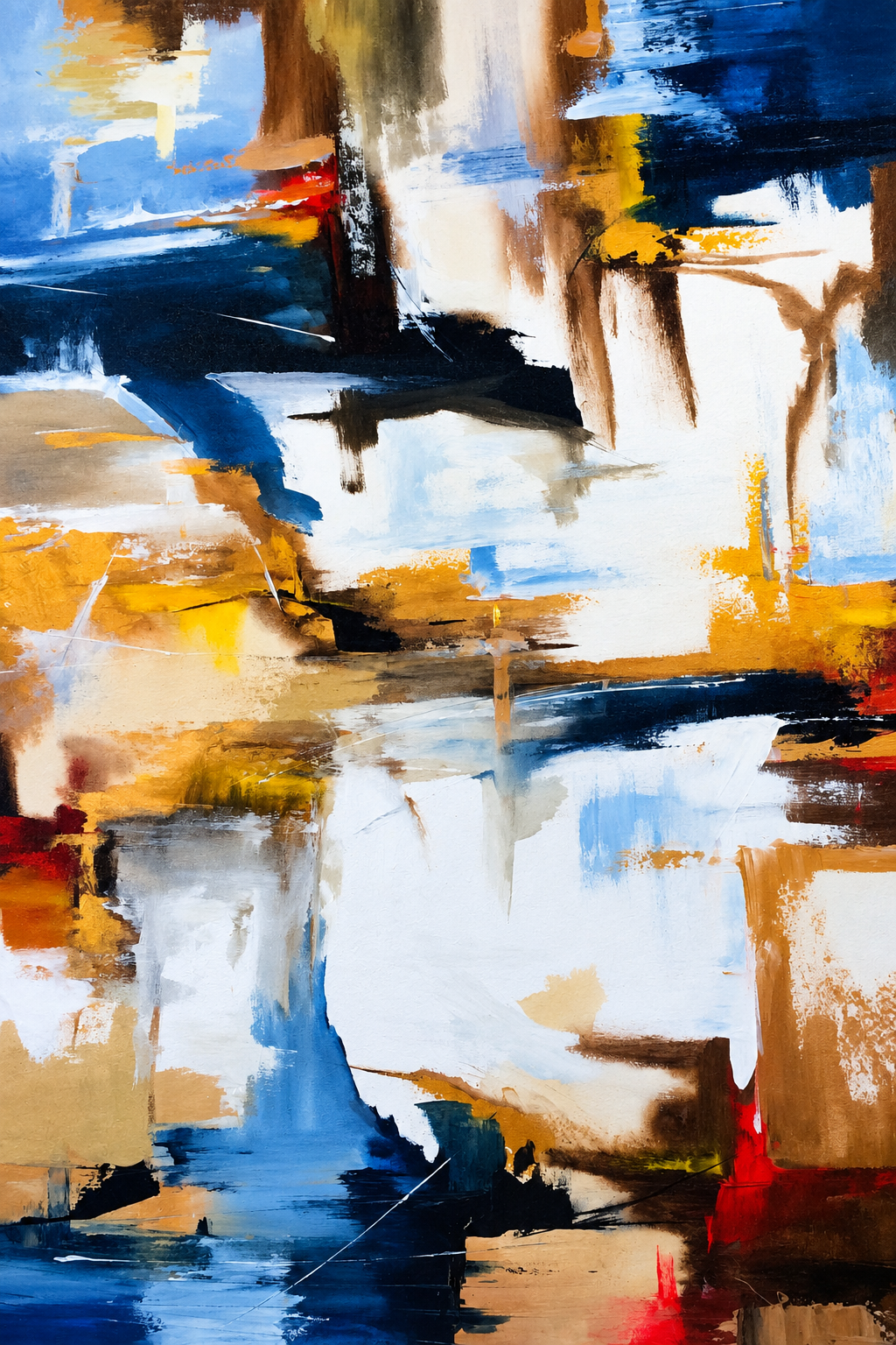 Ewaldi artwork: An abstract arrangement of blue and ochre horizontal and vertical strokes.