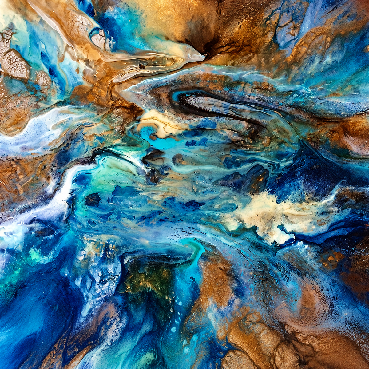 Ewaldi artwork: Broad horizontal curls of brilliant turquoise and blue wind through warm copper-gold pools and rough white.