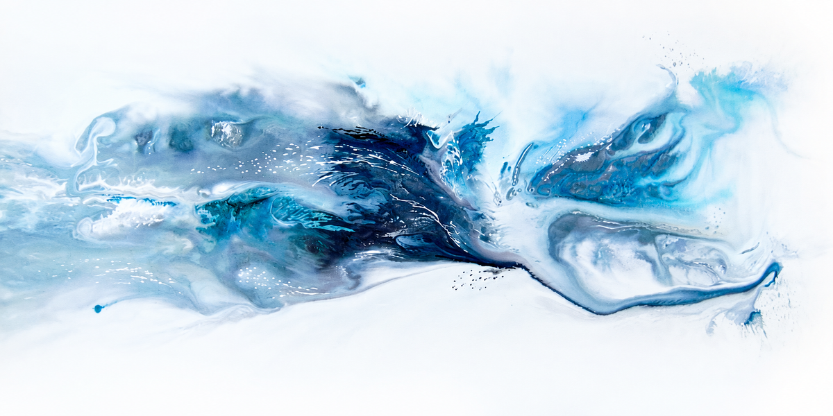 Ewaldi artwork: A wispy horizontal ribbon of pale blue pigment converges at a dark navy centre and flows into delicate.