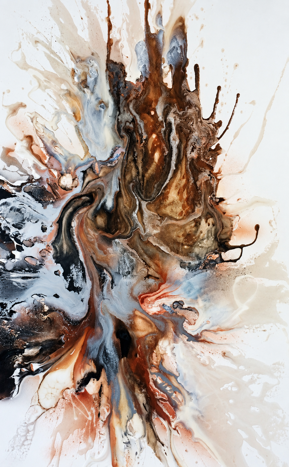 Ewaldi artwork: A narrow upright burst of dark brown and black fluid streaks branches sharply upward from a central mass.