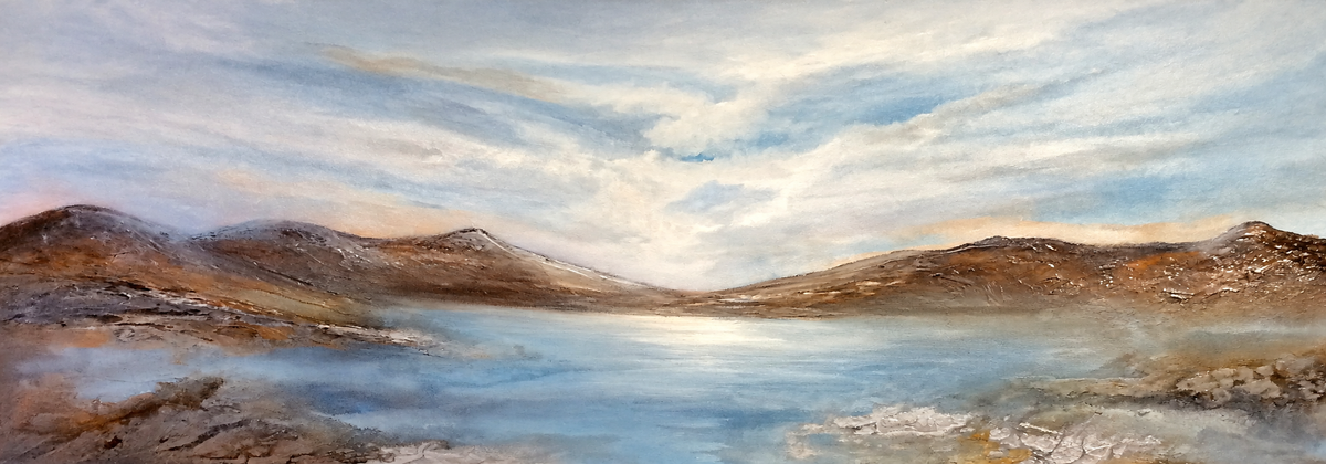 Ewaldi artwork: A long calm blue inlet stretches between distant brown mountain ridges under a broad luminous sky streaked.