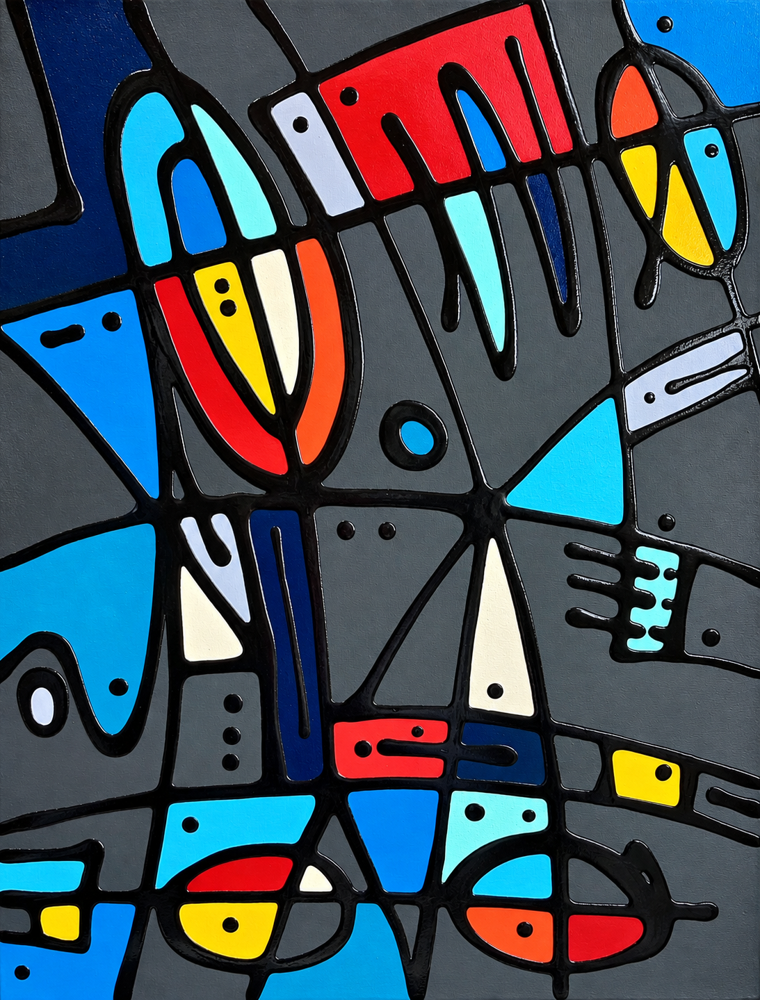 Ewaldi artwork: A tall grid of charcoal-grey cells and heavy black outlines contains blue, red and yellow geometric blocks.