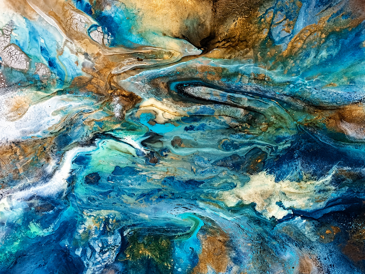 Ewaldi artwork: A concentrated marbled current of intense blue and turquoise twists around amber-gold pools.