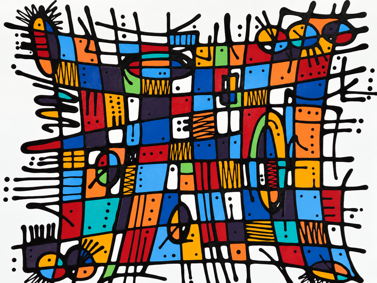 Ewaldi artwork: A wide, tightly filled mosaic of blue, red, orange and yellow rectangular shapes is contained.