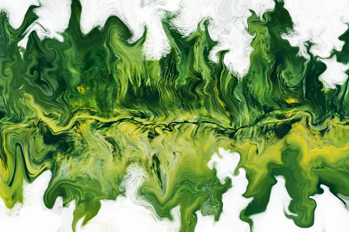 Ewaldi artwork: Horizontal ribbons of marbled emerald and yellow-green colour ripple across white, creating leaf-like.