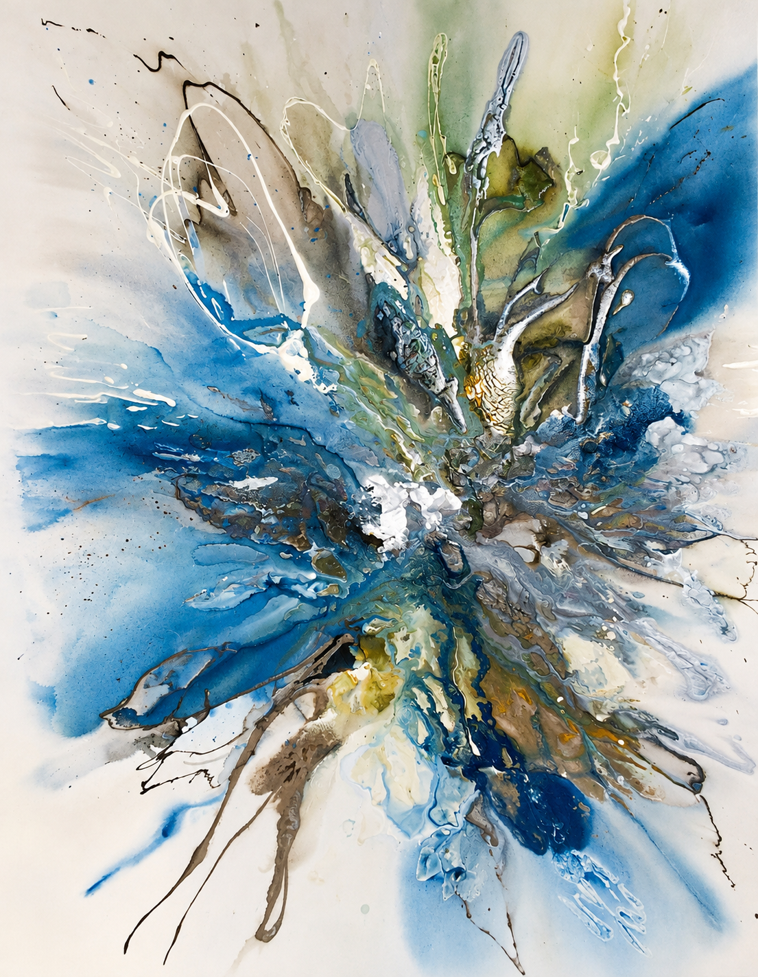 Ewaldi artwork: An airy blue-and-gold bloom radiates outward from a dense centre, with fine grey strokes.