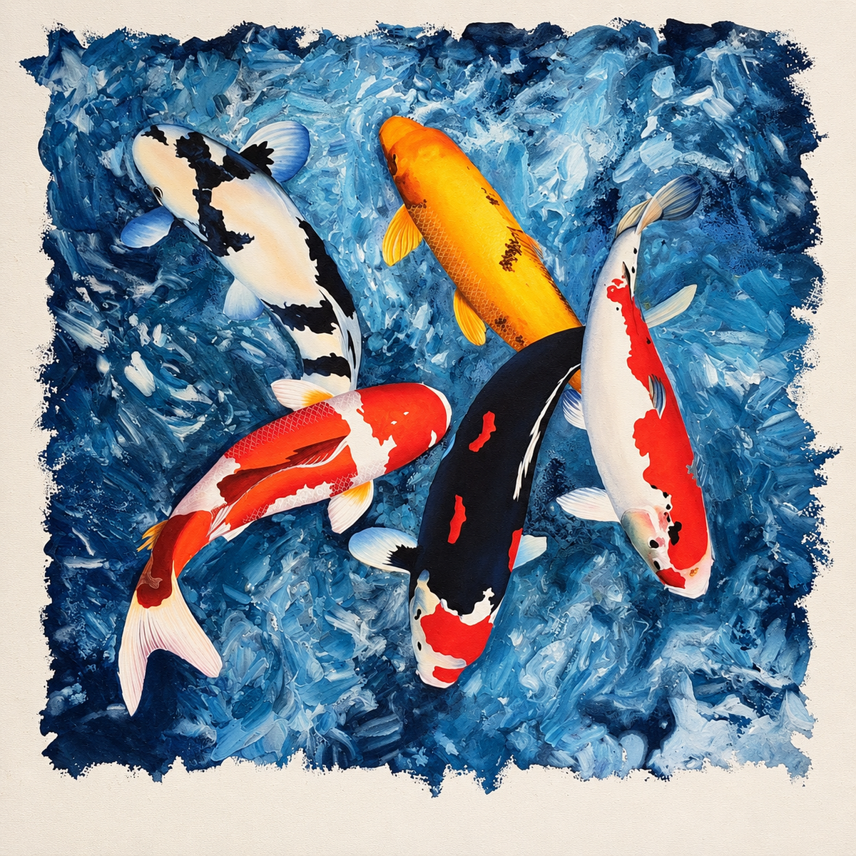 Ewaldi artwork: Five koi—black-and-white, golden orange, black-and-red.