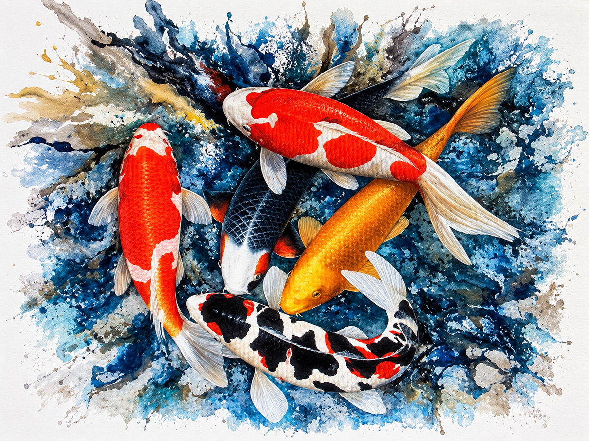 Ewaldi artwork: Five koi—two red-and-white, one black-and-white, one dark blue-black.