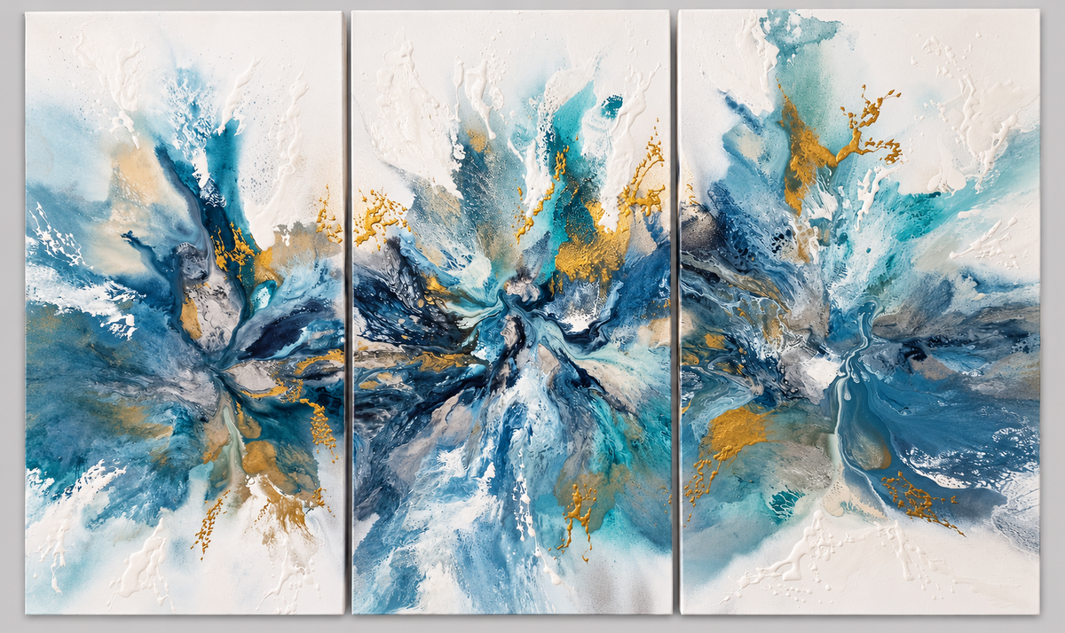 Ewaldi artwork: Three adjoining upright panels carry coordinated blue and teal bursts.