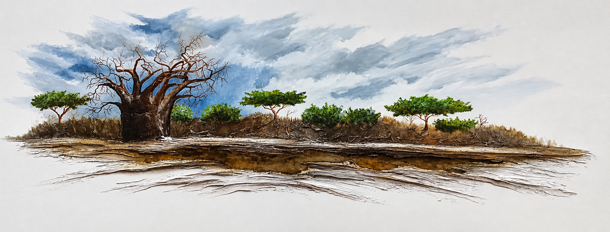 Ewaldi artwork: A sprawling, gnarled baobab anchors a narrow raised savanna bank with several green acacias.