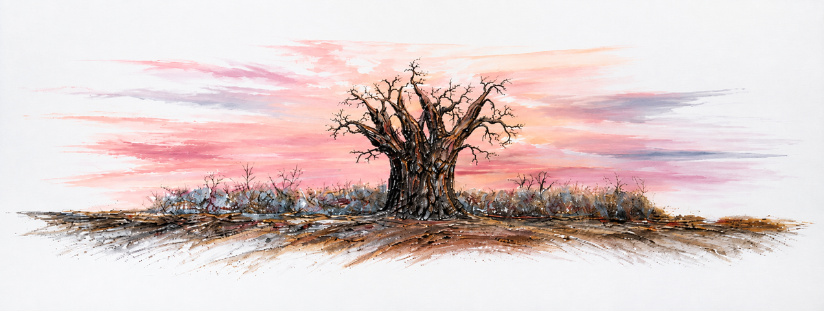 Ewaldi artwork: A solitary dark baobab stands on an open dry plain beneath broad sweeping pink and peach sunset clouds.