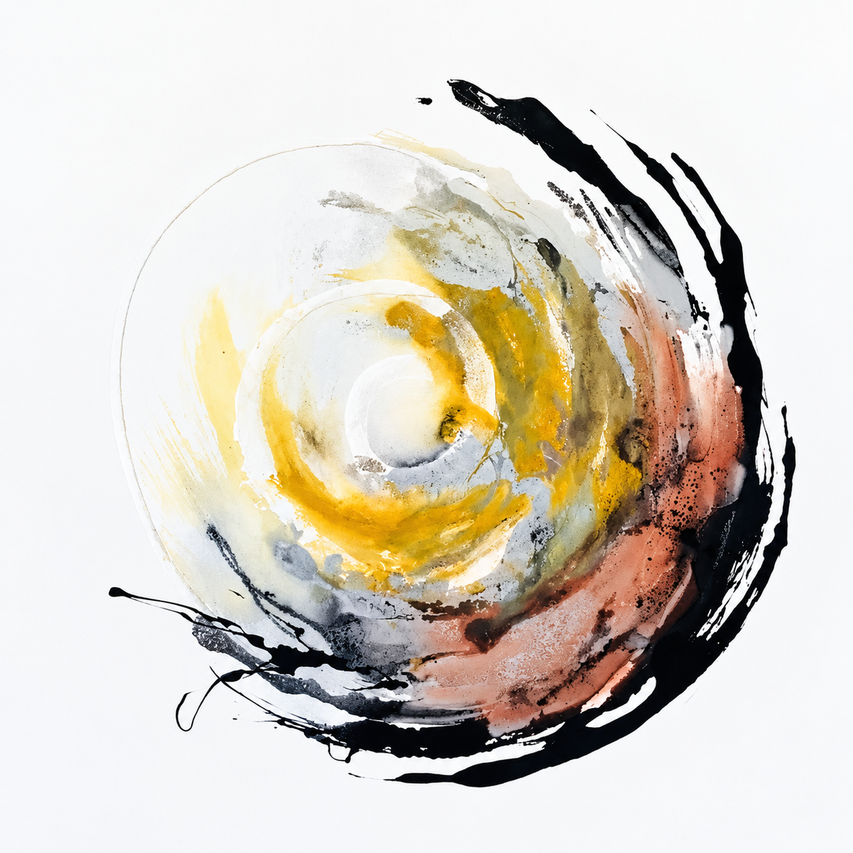 Ewaldi artwork: A wide gold-and-peach spiral is encircled by dramatic black brush arcs around a luminous pale central.