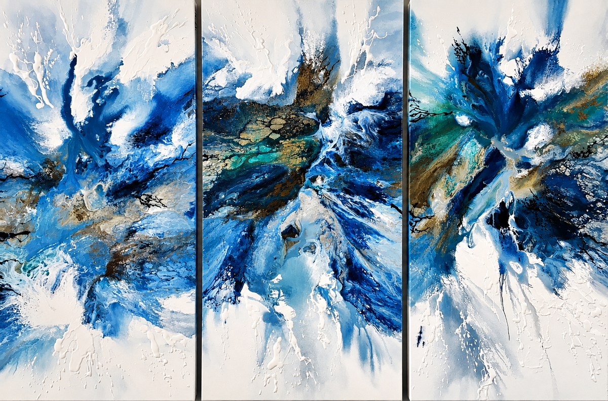 Ewaldi artwork: Three adjoining upright panels present deep blue and teal abstract splashes.