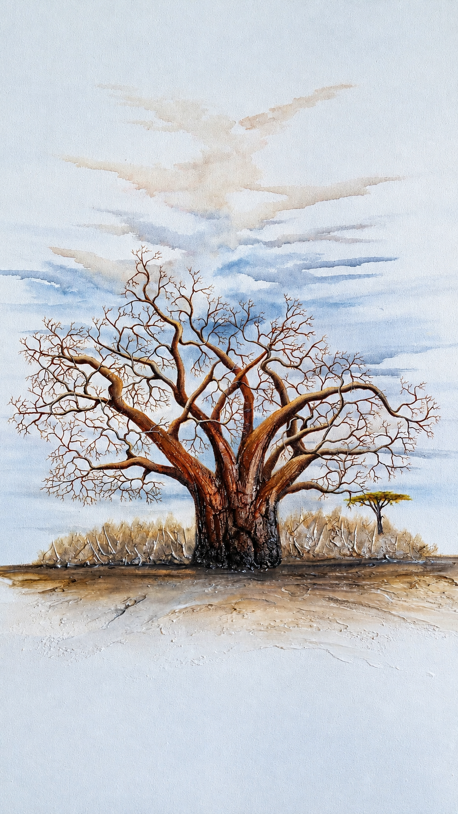 Ewaldi artwork: A single leafless mature baobab with spreading reddish branches stands on dry ground under soft blue-white.