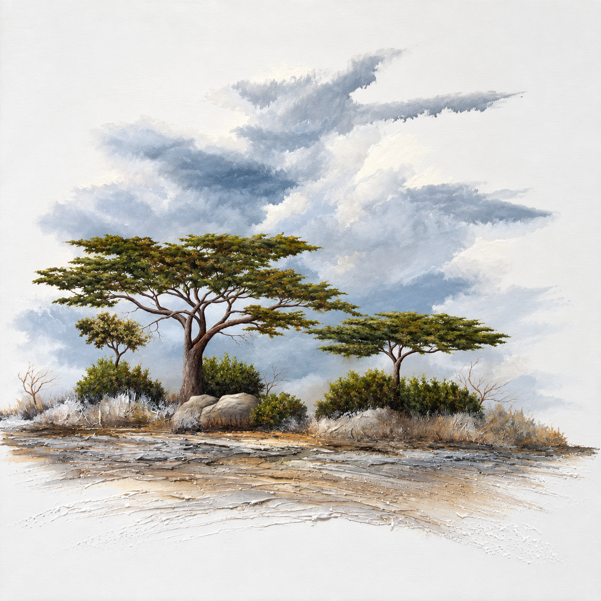 Ewaldi artwork: A small group of flat-topped acacias growing among rocks and dry grasses on an open savanna beneath sweeping.
