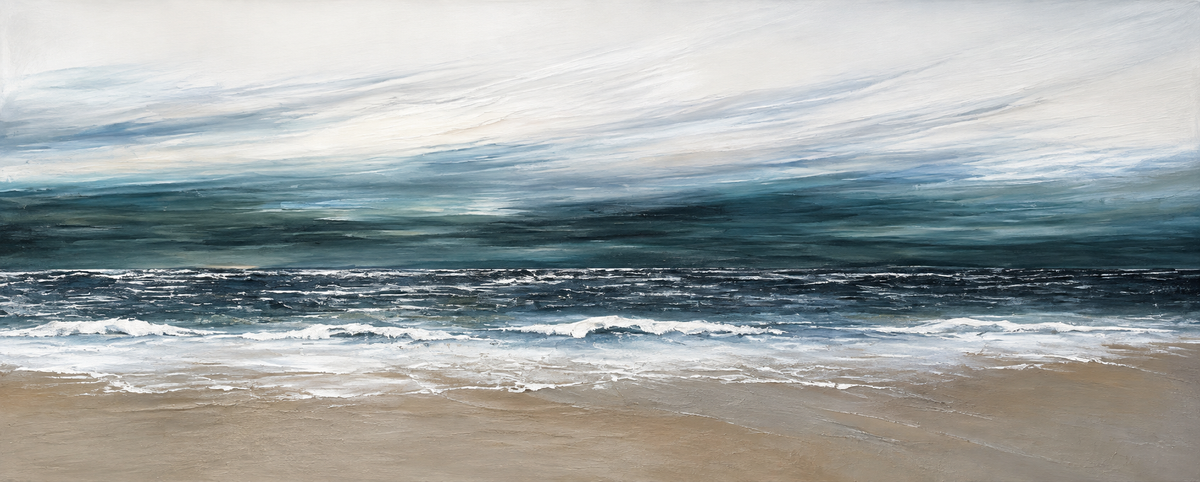 Ewaldi artwork: A flattened dark ocean band and fine white breakers sit beneath a broad mist-grey sky above a quiet strip.